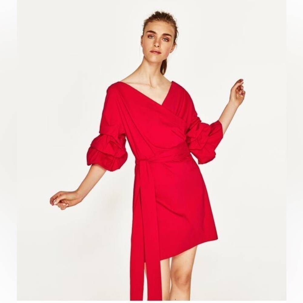 ZARA Woman Red Ruffled sleeves crossed front long sash mini dress Sz S